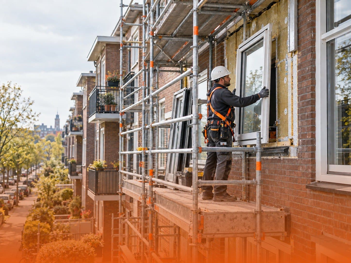 Vakman plaatst vanaf de steiger een nieuw kozijn in een geïsoleerde gevel