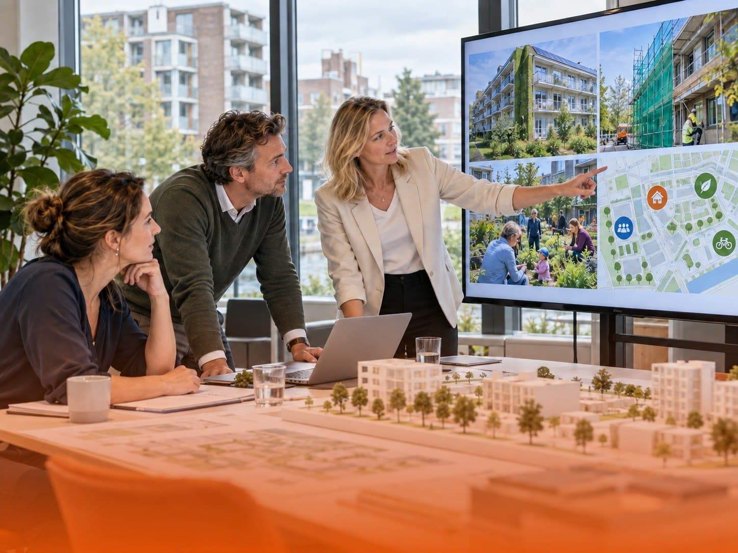 Projectteam bespreekt een wijkplan aan de hand van een maquette en een plattegrond