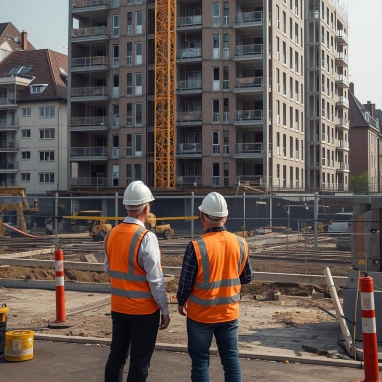 Moderne woningen in zwart en oranje met bouwmaterialen op de grond.