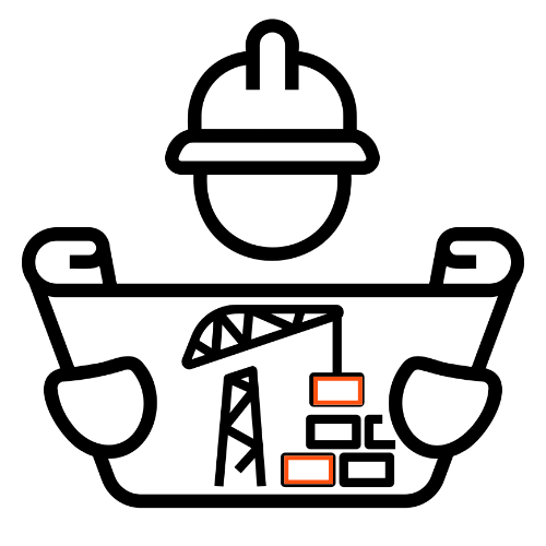 Moderne woningen in zwart en oranje met bouwmaterialen op de grond.